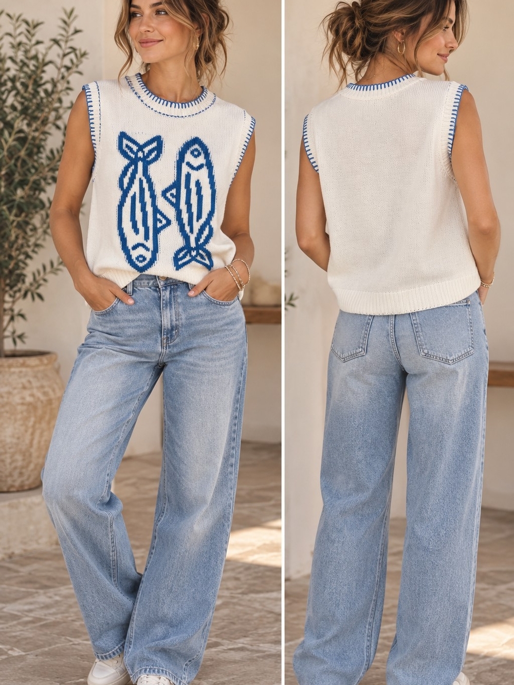 Entro Blue Fish Graphic Knit Tank Top/Blanket Stitch Sweater Vest